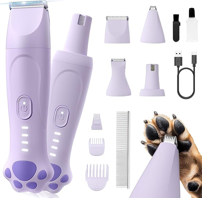 Veeconn Dog Clippers for Grooming - 4-in-1 Dog Clippers Grooming Kit with Low Noise & IPX7 Waterproof Design Includes Comb Paw Trimmer Nail Grinder - Rechargeable & Cordless Dog paw Trimmer (Purple)