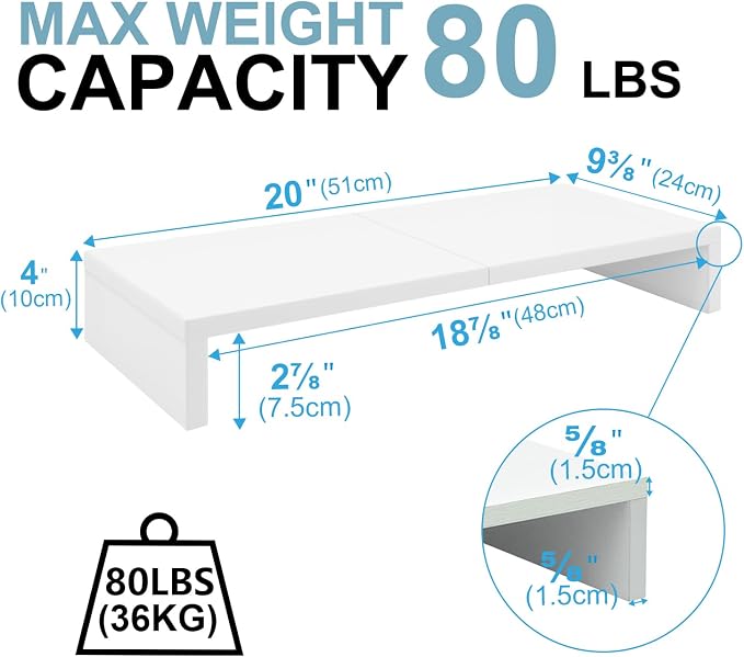 TEAMIX 2 Pack White Monitor Stand Riser 20 inch, Wooden Desktop Stand Shelf | For 2 Monitors, Laptop, Printer, TV, PC Tower, Full Keyboard Storage Underneath, Desk Organizer for Home Office Gaming Vanity