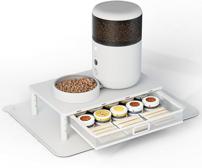 W‌SOWX Adjustable Automatic Cat Feeder Stand, Elevated Cat Food Stand,White | With Drawer and Cat Food Mat,Raises Feeder/Bowls by 4.1"/4.9"/5.7",Relieves Spine and Joints Noticeably on Pets-Sturdy Metal