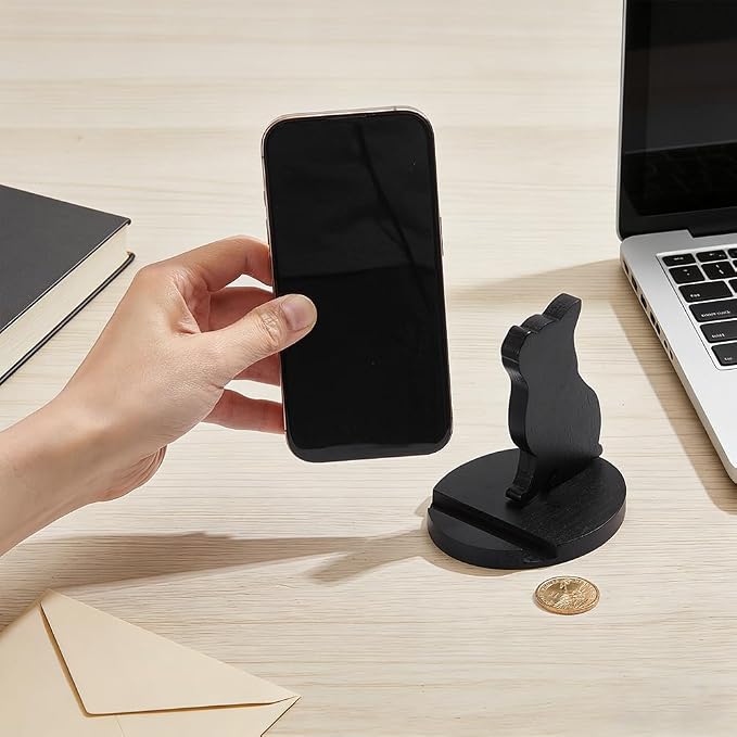 NBEADS Cell Phone Tablet Wooden Stand, Animal Phone Holder Dog Decorative Smartphone Desk Holder with Non-Slip for Various Models of Mobile Phones and Tablets, Black