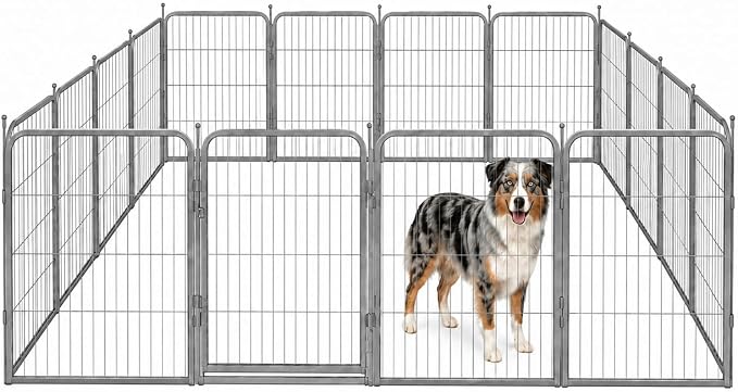 Indoor Dog Playpen - 32 inch, 16 Panels for Small and Medium Size Dogs - Play Pen w/Extra Wide Gate - Heavy Duty Metal Portable Pet Fence with Grey Anti-Rust Coating