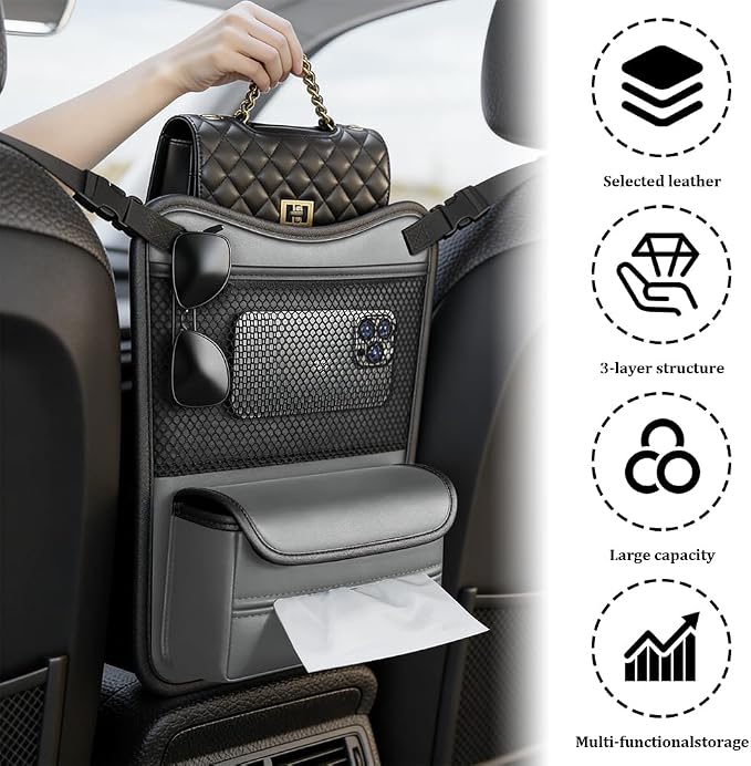 Car Organizer Storage Between Seats, Car Purse Holder, Nappa Leather Front Seat Storage Bag with Tissue Holder, Large Capacity Auto Console Organizer for Document Phone Wallet Snack (White)