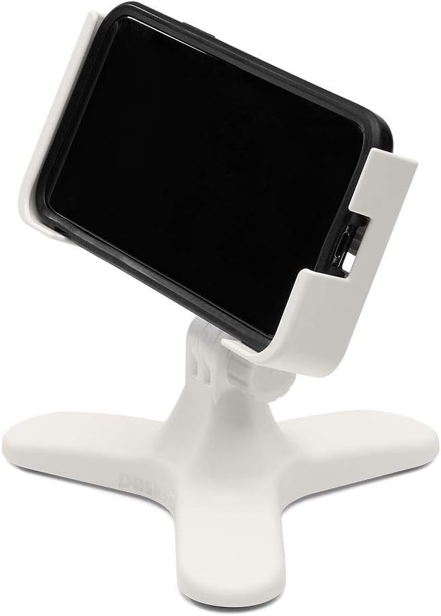 WeatherTech DeskFone Two View in White - Adjustable, Universal Cell Phone Holder Mount Stand for Desk, Counter, Table - Tripod Design for iPhone & Smartphone Charging - Silver Metal Knobs