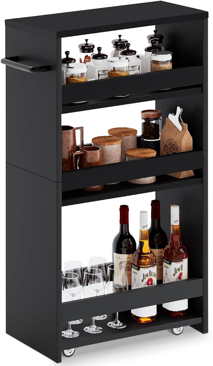 MARTY Slim Rolling Storage Cart, Wood Utility Kitchen Bathroom Laundry Cart | 4 Tier Kitchen Cart with Wheels Handle, Laundry Room Organization Between Washer and Dryer, Narrow Storage Cabinet, 8” Wide