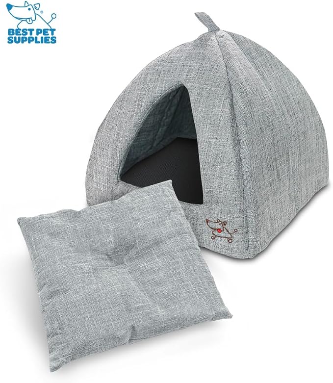 Best Pet Supplies Cat Bed for Indoor Cat, Domed Tent House with Removable Pillow, Covered Cat Cave for Small Dog, Puppies and All Breeds of Cats - Gray Linen, 16 x 16 x H:14"