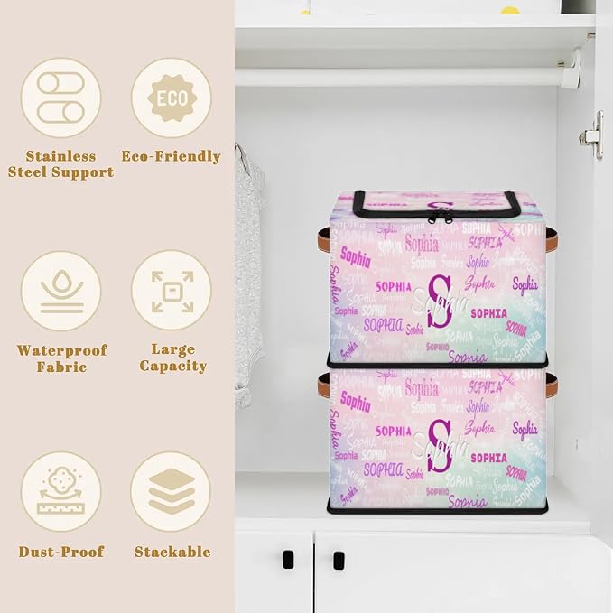 Personalized Storage Basket with Name, Rectangle Toys Storage Bin with Handles Zipper Lid for Baby, Girls, Collapsible Basket for Clothes, Books, Pale Pink with Blue Background