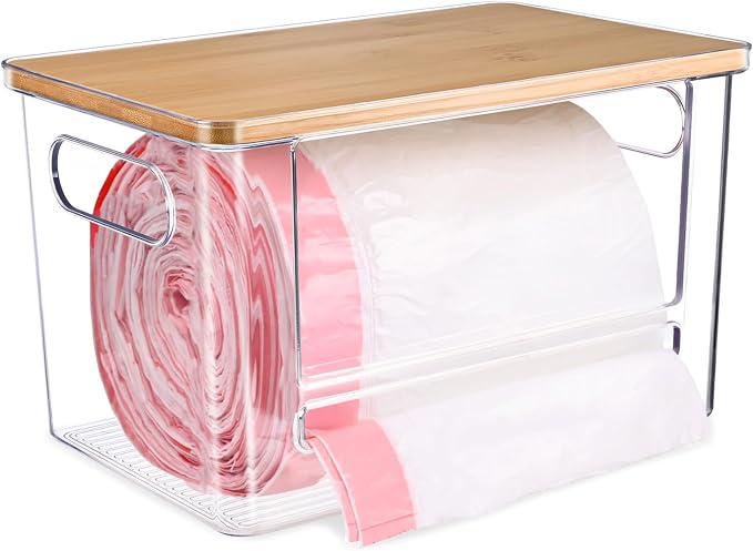 Trash Bag Dispenser Under Sink Organizer for Pantry, Kitchen | Acrylic Garbage Bag Dispenser, with Bamboo Top & Handles, Extra Large, Keep Onions and Potatoes Neat, Clear, Stackable
