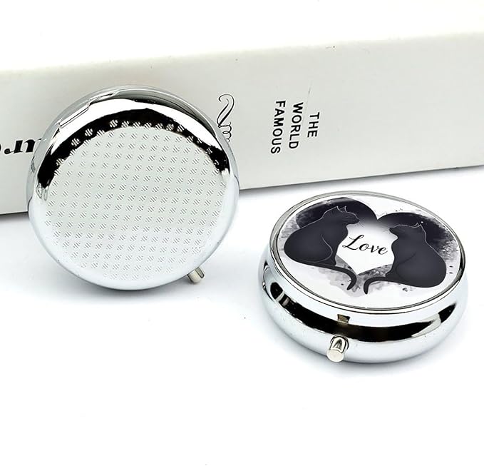 Loving Cats Metal Round Pill Box, 3 Compartment Travel Organizer, Portable Pill Container with Secure Latch, 2 Inch Circular Vitamin Caddy for Pills and Vitamins, Gift for Him Her Elderly