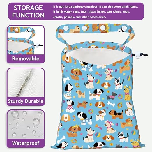 Pet Dog Strap Drawstring Car Trash Bag Hanging Garbage Bag with Snap Buttons Car Back Seat Trash Storage Portable Dustbin Vehicle Trash Can Bag for Vehicle Accessories Travel Camping