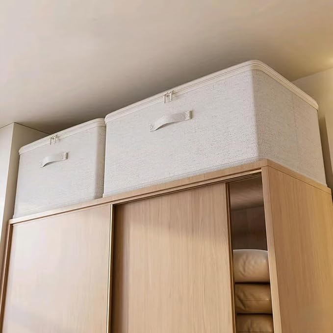 [3 Pack] Beige Cotton Linen Collapsible Storage Bins for Home Organization, Waterproof Fabric Foldable Organizer Boxes, 19.29 x 14.57 x 12.2 Inches, Zippered Flap & Handle (Extra Large)