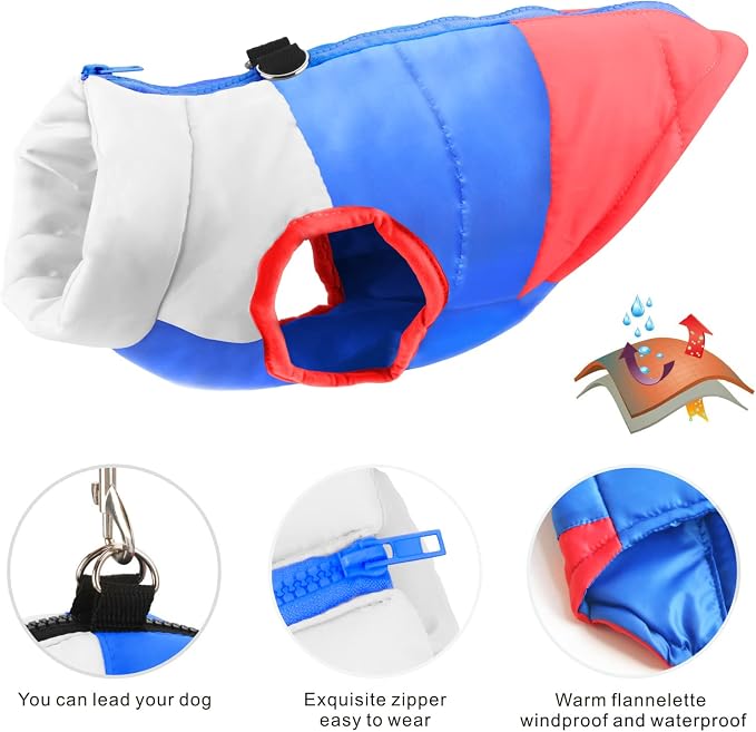 Idepet Pet Dog Cat Coat with Leash Anchor Color Patchwork Padded Puppy Vest Jacket Teddy Chihuahua Costumes Pug Cloth XS S M L (X-Small, Red)