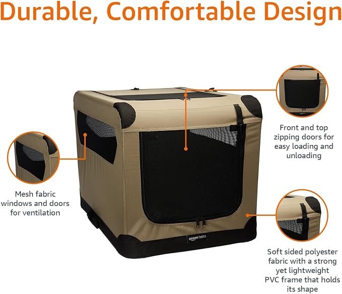 Amazon Basics Portable Folding Soft Dog Crate, Double Door, Collapsible Travel Kennel, Easy to Assemble, Medium, 29.92" x 21.3" x 21.3", Tan