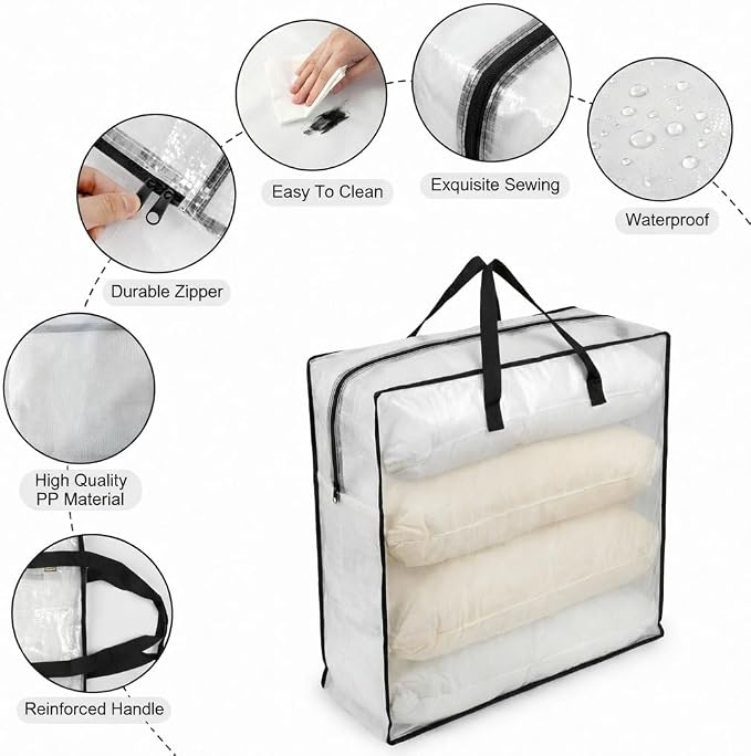 95L Underbed Storage Bag, Clear Foldable Bedding Organizer for Blankets, Comforters, Clothes, Pillows and Seasonal Items, Soft Under Bed Storage Container with Handles, 1 Pack
