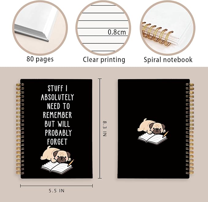 LIANGW Funny Pug Notebook Journal Gifts for Women & Men | Gifts for Pug Lovers Notebooks for Women, Funny Human Resources Gifts for Coworkers, Black Spiral Notebook 5.5x8.3 Inch