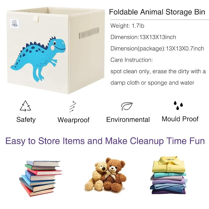 13 Inch Animal Cube Storage Bins, Foldable Fabric Kids Toy Box & Toy Chest | Kids Storage Cubes, Toy Storage Organizer Basket for Toddlers, Boys and Girls, Playroom and Nursery (Dino T-Rex)