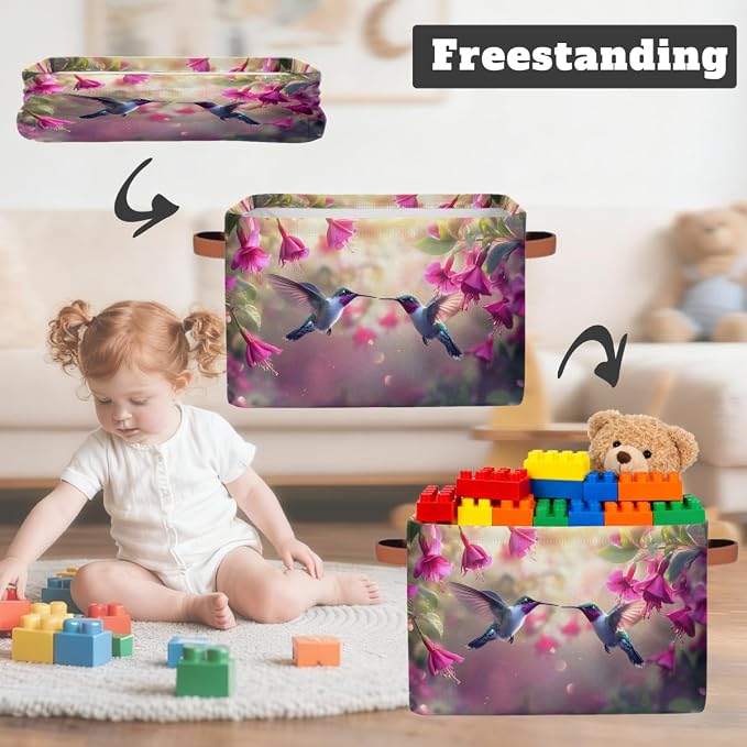 Pardick Storage Baskets Bin, Spring Hummingbird Flower Collapsible Canvas Fabric Storage Bin Decorative Baskets Toy Organizer Rectangle Storage Boxes with handles for Home Shelves Nursery,Q-3