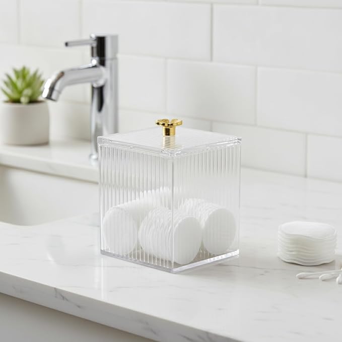 Clear PET Cotton Pad Dispenser Canister - Enclosed Storage for Rounds & Swabs, Compact Bathroom Vanity Organizer (1 Pack)