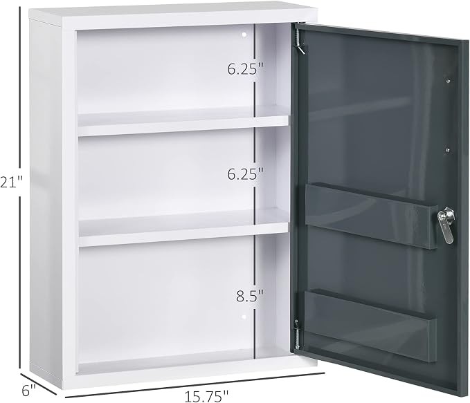 kleankin Bathroom Medicine Cabinet, Lockable, Shelves On Door, White Grey | Shelves Inside, First Aid Bathroom Wall Medical Cabinet