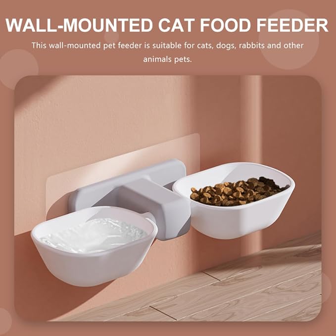 Beavorty Wall-Mounted Pet Feeder Bowl Set, Plastic Double Food and Water Bowls with Neck Protection, White Non-Spill Dish for Indoor Cats