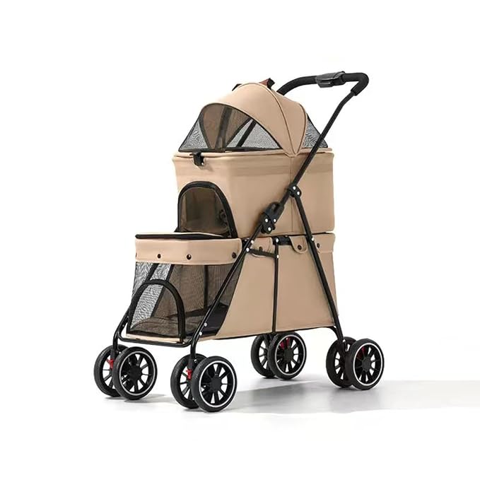 YYW Double Pet Stroller Foldable 2 Carriages Lockable Wheels Khaki | Travel Strolling Cart, Top Detachable Carrier, Ideal for Multi-Pet Families, Small Dogs & Cats, Outdoor Walks & Vet Visit