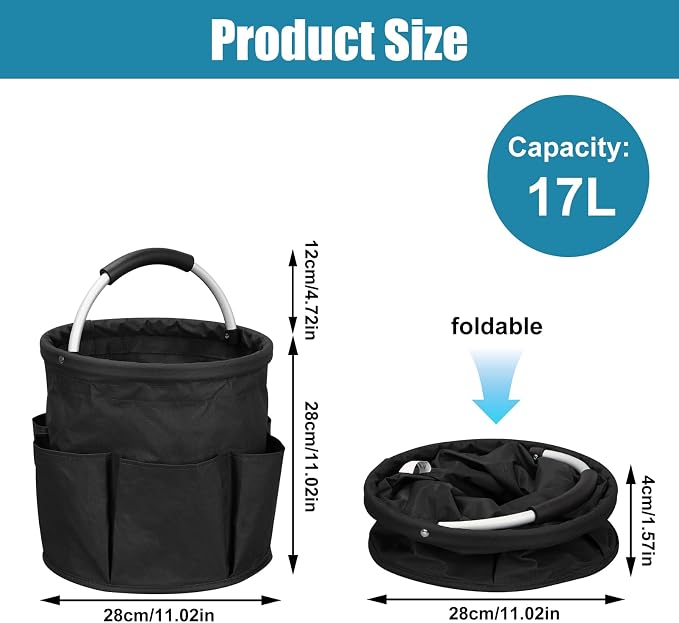 17L Portable Cleaning Bucket Organiser, 6 Pockets Foldable Cleaning Caddy with Handle Wearable Cleaning Caddy Bag for Outdoor Camping Garden Harvest Basket Home Bathroom Storage (Black)