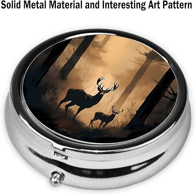 Pill Box, Small Pill Organizer with 3 Compartments and Mirror, Cute Round Portable Travel Metal Pill Case for Pocket or Purse, Privacy-Protecting Medicine Box-Jungle Forest Deer
