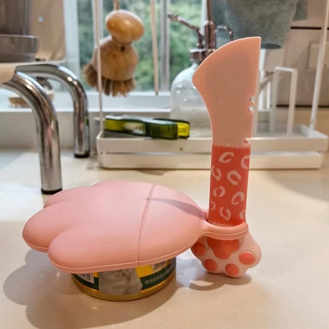 SJANE 4 Pcs Cat Food Can Spoon & Can Covers | Cute Paw Silicone Pet Food Opener Spatula & Lids | Stainless Steel Wet Food Spoon for Cats and Dogs(Pink)