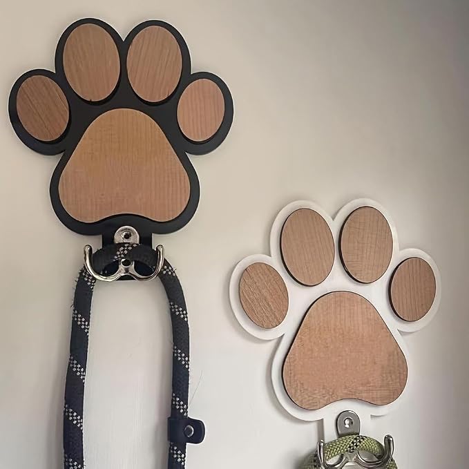 2 Pcs Wooden Paw Print Pet Leash Hook, Dog Leash Holder Wall Mounted Wooden Pet Organizer Double Hook for Dog Collars Entryway Accessories