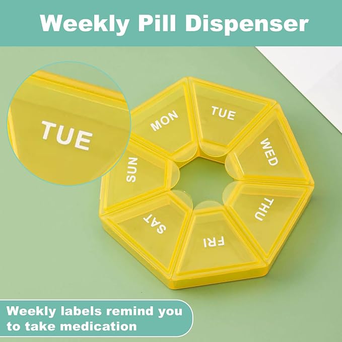 4pcs Travel Pill Organizer, Small Portable Pill Box, 7 Compartment | Weekly Medicine Dispenser, Vitamin Supplement Holder Reminder, Arthritis-Friendly(Yellow,Light Green,Transparent,Rose Pink)