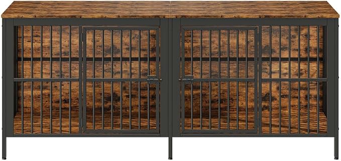 80" Dog Crate End Table, Heavy Duty 2-Door Indoor Pet Kennel, Rustic Brown, MDF and Iron, TV Stand or Side Table for Living Room