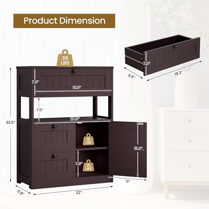 GRUSIGN Bathroom Cabinet, Modern Bathroom Floor Storage Cabinet Organizer with 1 Door and 3 Drawers, Freestanding Cupboard for Kitchen/Living Room Use