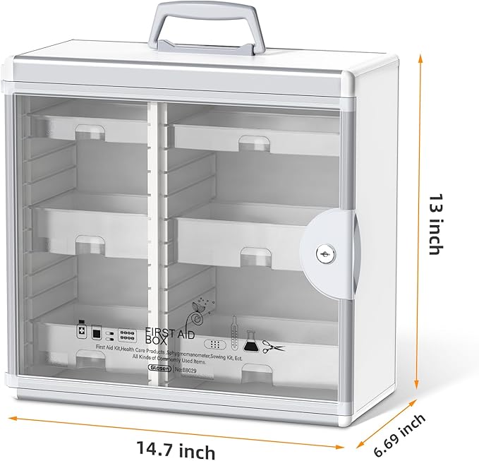 Lockable Medicine Cabinet with 6 Removable Trays, Wall Mounted & Portable Locking Medicine Cabinet Organizer with Key Lock for Home, Bathroom, Office - Aluminum Frame(15.63 * 6.5 * 15.43Inch)