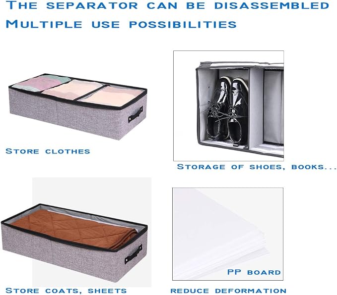 AARAINBOW Foldable Under Bed Clothes Organizer with Lid, Underbed Storage Container with Adjustable Dividers, Clear Window, Gray