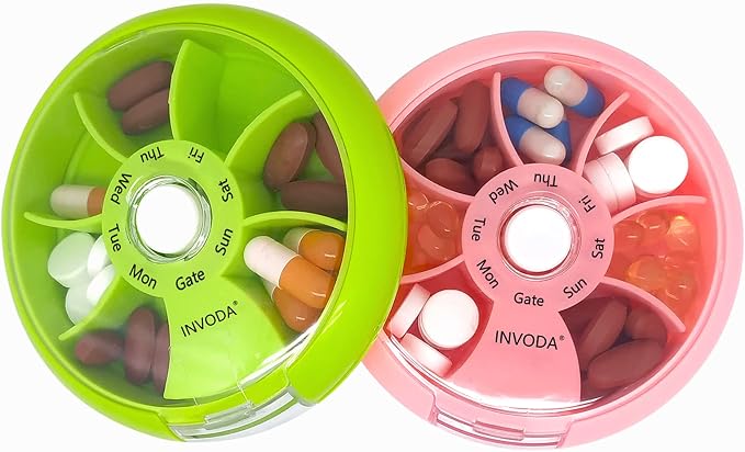 2PCS INVODA Weekly Pill Organizer 7 Compartment Rotating Pill Box for Daily | Cute Round Pill Organizer Fit purse pocket or backpack Portable Travel Pill Case for Fish Oil Supplements Vitamins Medication
