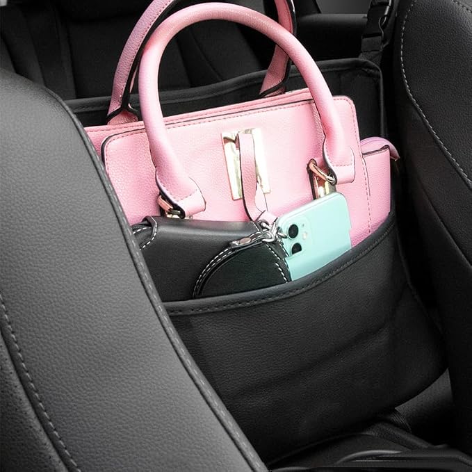 Car Handbag Holder Between Seats, PU Leather Large Capacity Car Purse Holder for Front Seat, Seat Back Net Bag Double-sided Tissue Storage Handbag Holder Car Accessories (Gray)