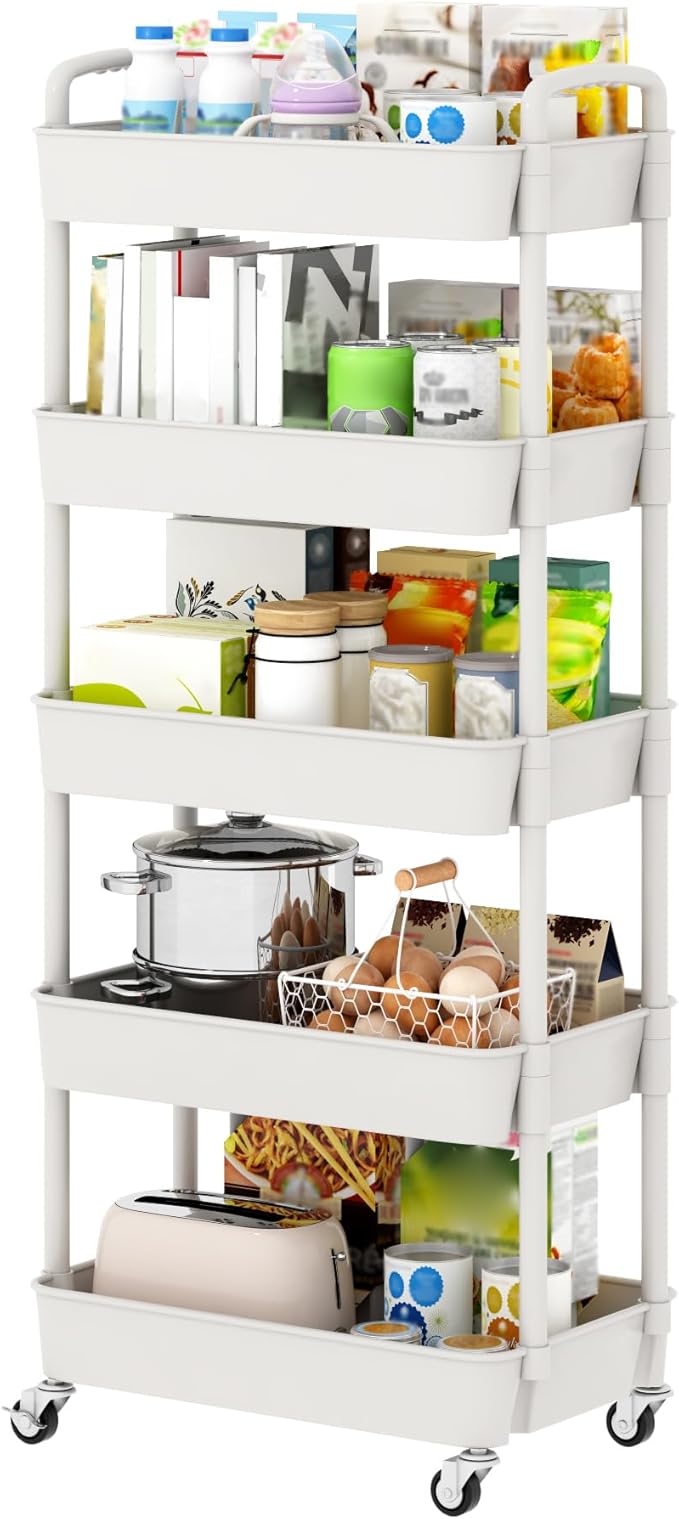 Sywhitta 5-Tier Plastic Rolling Utility Cart with Wheels for Storage,White | Multi-Functional Storage Trolley, for Office, Living Room, Kitchen, Bathroom,Movable Organizer,Space-Saving,Easy to assemble