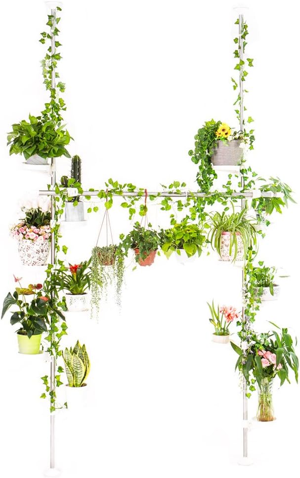 BAOYOUNI Spring Tension Pole Plant Stand, 12 Trays Metal Flower Rack，Ivory | Corner Floral Pot Storage Shelf Space Saver with Adjustable Height & 2 Hooks for Home Garden Decor