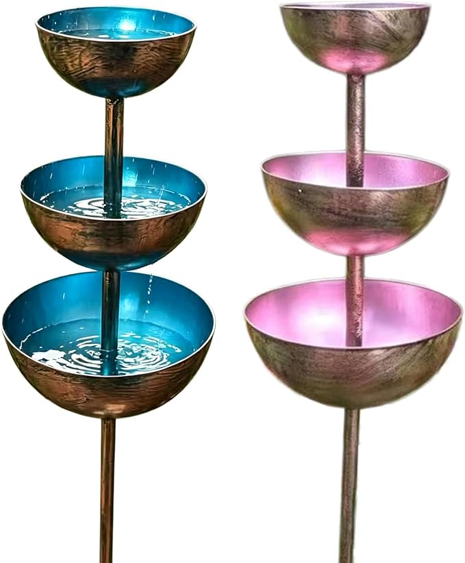 Rain Catcher Bird Bath 3-Tier, Rain Catcher Garden Stake, Antique Bronze Metal Water Bowls Bird Bath and Bee Watering Station with Soil Post for Lawn Edge,Flower Bed, and Open Yard Display
