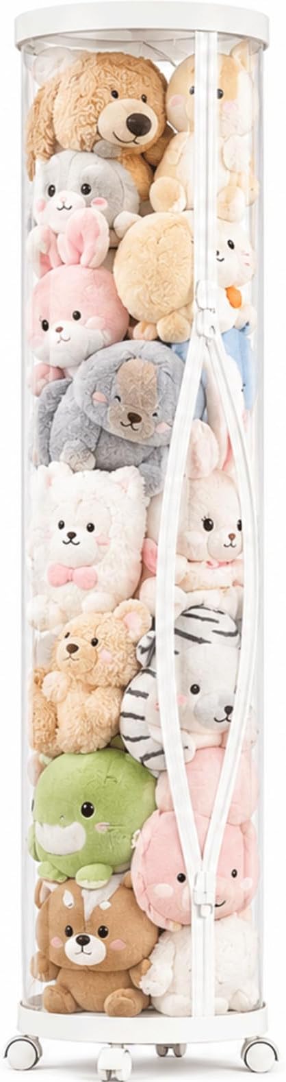 Large Stuffed Animal Storage Tube with Wheels, 59''×11''Toy Organizer with Double Zipper, WhiteClear PET Cylinder Container for Plush Toy Organization, Space Saving Kids Room Storage