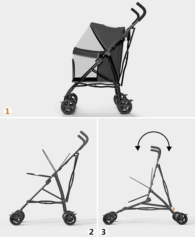 OS MOTOR 4 Wheels Pet Stroller for Small Medium Pets, Black | Foldable Carrier Jogger, Rear Wheel Breaks, Storage Basket, Visible Mesh Weather Cover, Portable, Dog, Cat, Puppy, Kitty