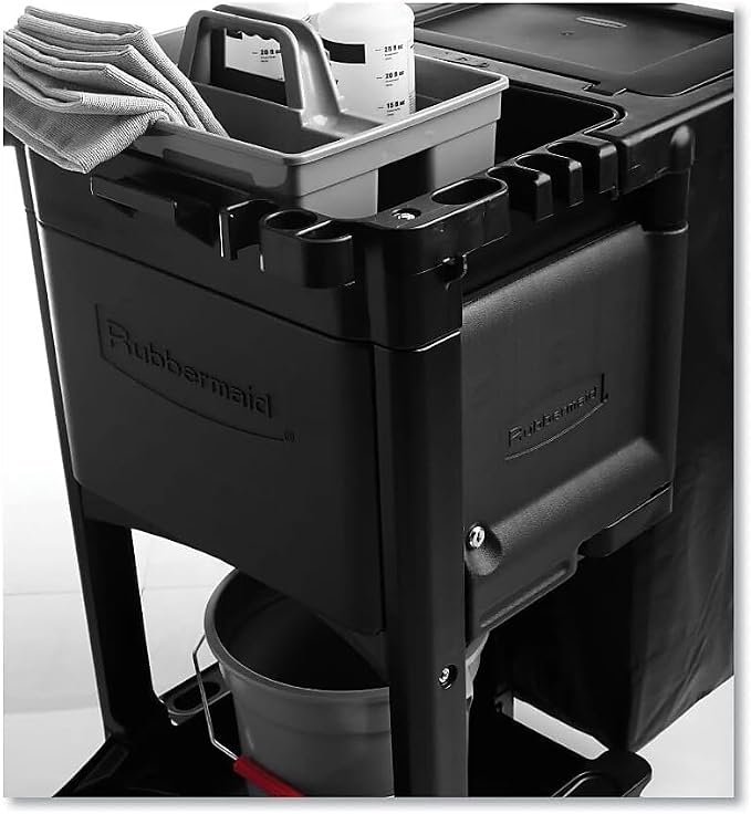Rubbermaid Commercial Products Executive Series Janitorial and Housekeeping Cleaning Cart with Locking Cabinet, Wheeled with Zippered Black Vinyl Bag, Black, 38.4" H x 21.8" W x 46" L