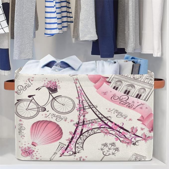 Storage Basket Floral Paris Eiffel Tower, Large Foldable Organizer Storage Bins for Shelves, Sturdy Canvas Cubes Storage Boxes with Handles for Toys Closet Nursery Office Living Room 15" x 11" x 9.5"