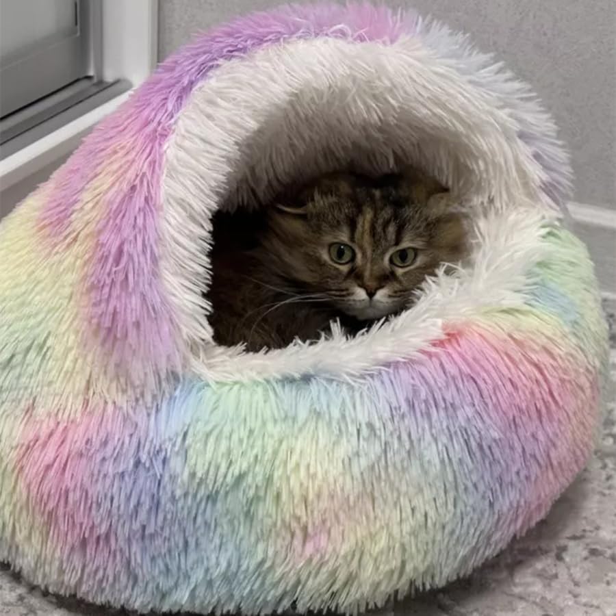 Round Fluffy Hooded Cat Bed Cave, Anti-Anxiety Cave Bed with Blanket | Hooded Cat Bed Cave, Cozy Cuddler Luxury Puppy Pet Bed, Anti-Slip Bottom and Machine Washable