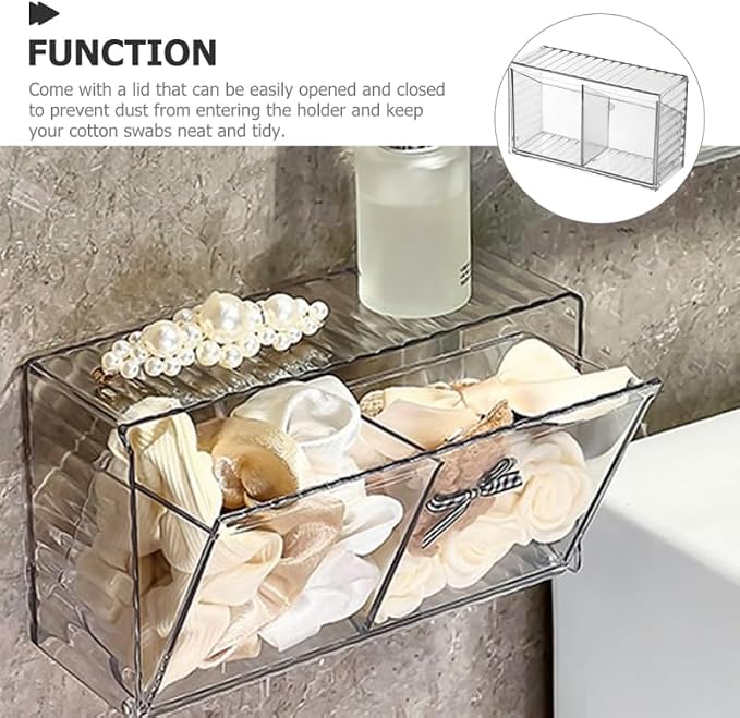 ULTECHNOVO Wall Mounted Cotton Swab Dispenser Transparent Pet | Wall Storage Organizer Box with Lid Wall Mounted Storage Box for Cotton Balls Pads Hair Ties Bathroom and Office