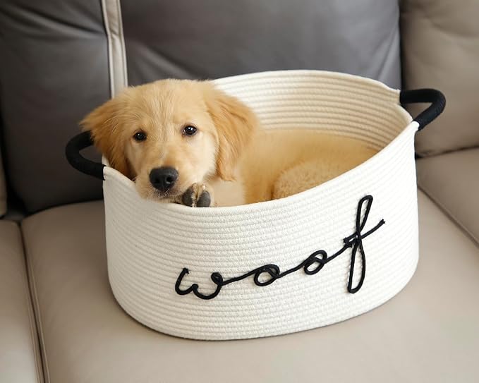 Woof Dog Toy Basket Woven Pet Baskets Storage Bin Box with Durable Handles, Pet Supplies Puppy Bins Perfect for Organizing Dog Toys Blankets and Accessories