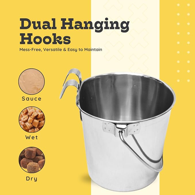 Stainless Steel Flat Side Bucket with Dual Hooks 2 Quart (0.5Gallon)– Heavy Duty Hanging Dog Water & Food Bowl Kennel, Cage & Crate, Durable Pet Pail for Dogs, Cats, Birds & Small Animals