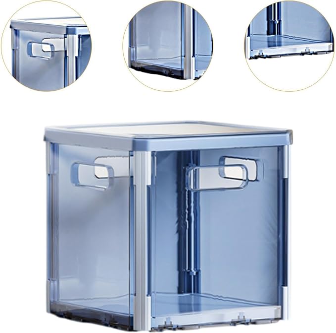 Foldable Storage Box Stackable Organizer Bin Container with Lid and Handles Portable Lightweight Dustproof PET Suitable for Clothing Bedding Books, Blue