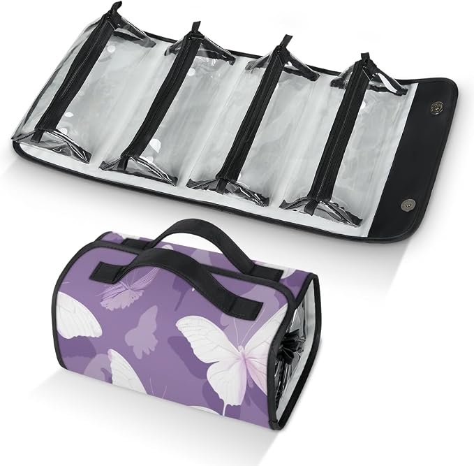Butterfly Makeup Bag for Women Hanging Roll-Up Travel Organizer Toiletry Kit with 4 Removable Compartments, Purple
