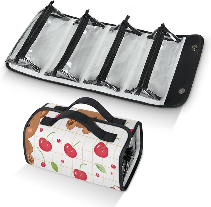 Cherry Makeup Bag for Women Hanging Roll-Up Travel Organizer Toiletry Kit with 4 Removable Compartments, Bear