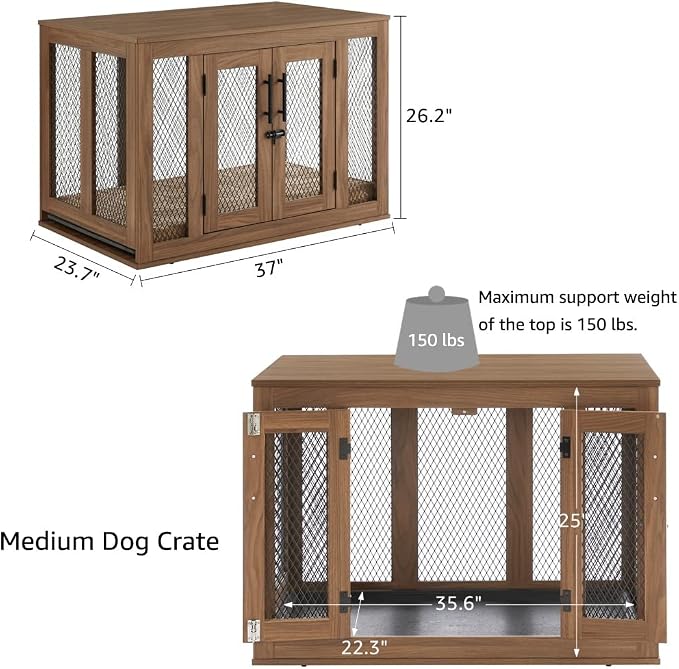 unipaws 37 Inch Furniture Style Dog Crate with Cushion and Tray | Mesh Dog Kennels with Double Doors, End Table Dog House, Medium Crate Indoor Use